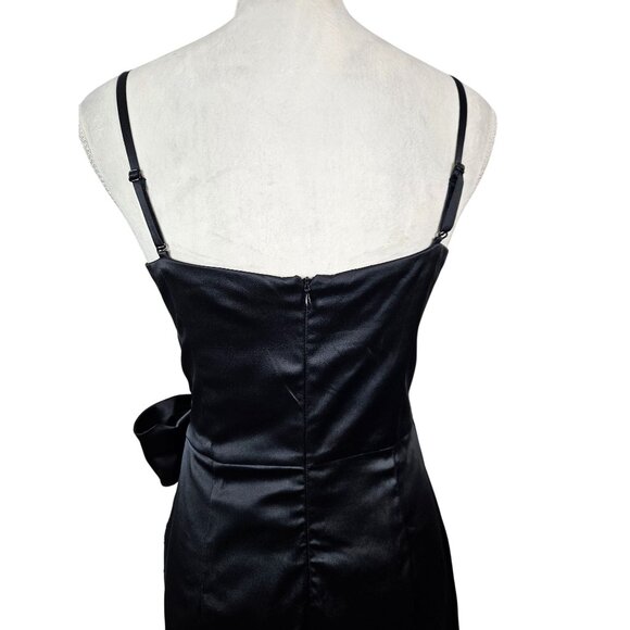 Womens Formal Black Satin Cocktail Dress Bow Detail Beaded Pockets Size L Sexy - Picture 2 of 13